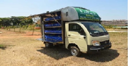 a. Fruit and vegetable vending van using the solar power and evaporative cooling mechanism through misting for maintaining high RH inside the structure